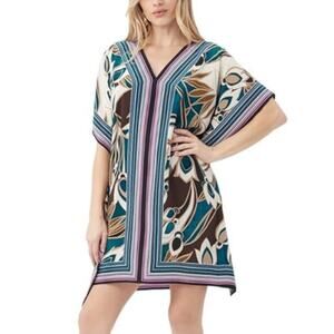 Trina Turk Theodora Tropical Kimono Sleeve V-Neck Kaftan Mini Dress Multi XS / S